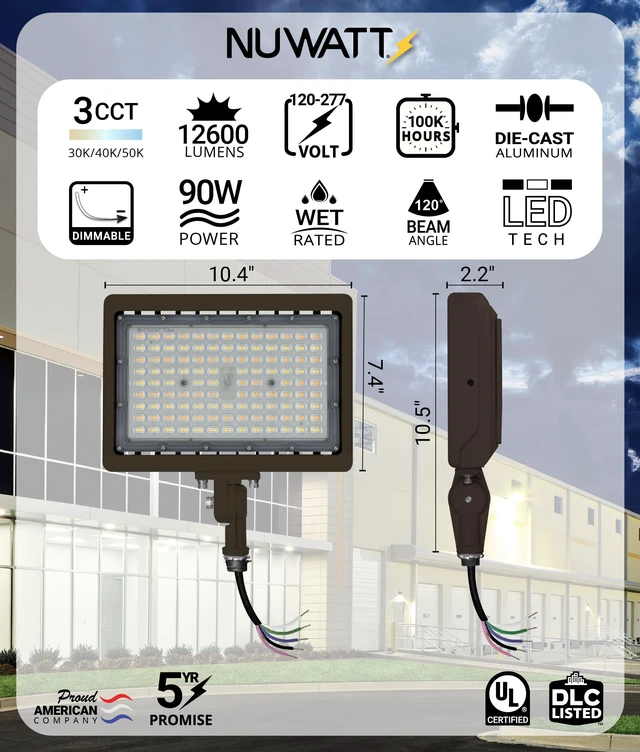 Alt view image 2 of 7 - 90W Outdoor LED Flood Lights Bronze, 3CCT 3000K-5000K, Dimmable, UL 12600LM, IP67 Waterproof, 0-10V Dimmable, 120-277V, 1/2" Adjustable Knuckle Mount, Ultra Bright Exterior Security Floodlight