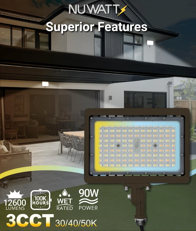 Alt view image 4 of 7 - 90W Outdoor LED Flood Lights Bronze, 3CCT 3000K-5000K, Dimmable, UL 12600LM, IP67 Waterproof, 0-10V Dimmable, 120-277V, 1/2" Adjustable Knuckle Mount, Ultra Bright Exterior Security Floodlight
