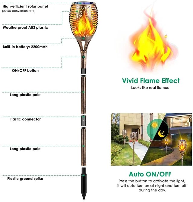 Alt view image 2 of 7 - Flickering Flame Solar Torch Lights Outdoor, 43" Tall, 4 Pack Realistic 99-LED Flame Effect, Charges in 6-8 Hours, 10-12-Hour Runtime, IP65 Waterproof, Auto On/Off for Yard, Patio, Garden