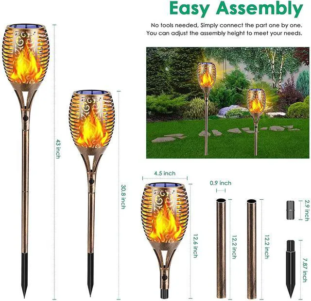 Alt view image 3 of 7 - Flickering Flame Solar Torch Lights Outdoor, 43" Tall, 4 Pack Realistic 99-LED Flame Effect, Charges in 6-8 Hours, 10-12-Hour Runtime, IP65 Waterproof, Auto On/Off for Yard, Patio, Garden