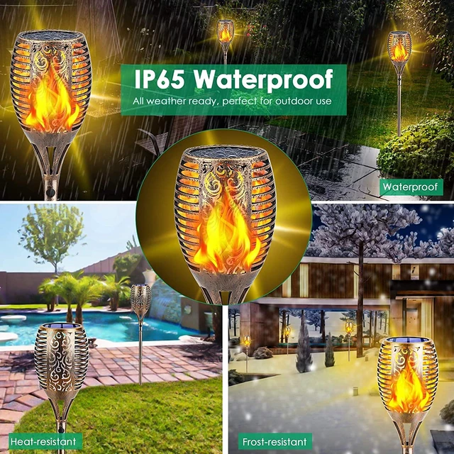 Alt view image 4 of 7 - Flickering Flame Solar Torch Lights Outdoor, 43" Tall, 4 Pack Realistic 99-LED Flame Effect, Charges in 6-8 Hours, 10-12-Hour Runtime, IP65 Waterproof, Auto On/Off for Yard, Patio, Garden