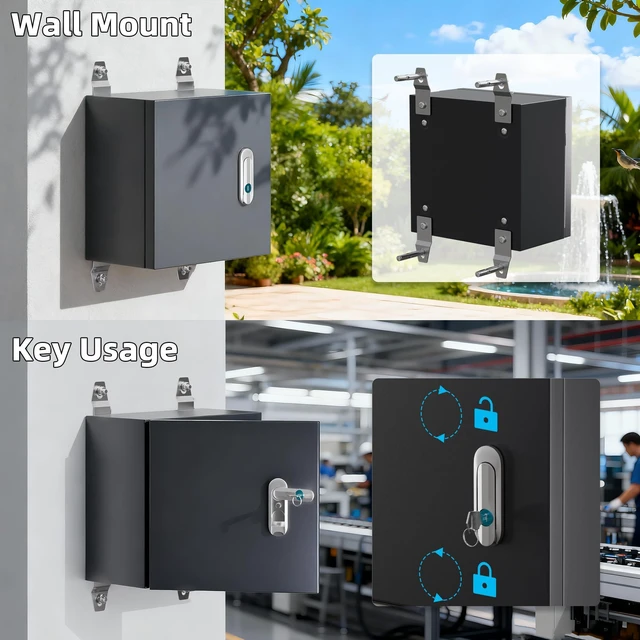 Alt view image 5 of 6 - Outdoor Electrical Box 9.8" x 9.8" x 5.9" Weatherproof Cold-Rolled Steel Box with Rail & Lock, For Home Wiring, Garden Lights & Small Commercial Devices