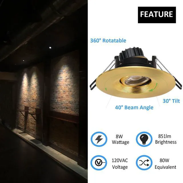 Alt view image 2 of 6 - 4 Inch Gimbal LED Recessed Lights 6 Pack, Adjustable Downlight, Gold Baffle,Anti-dazzle,8W 851LM,Premium Canless Spotlight,5CCT 2700K-5000K,5-100% Dimmable,30°Tilt,Die-cast Aluminum,ETL,IC Rated