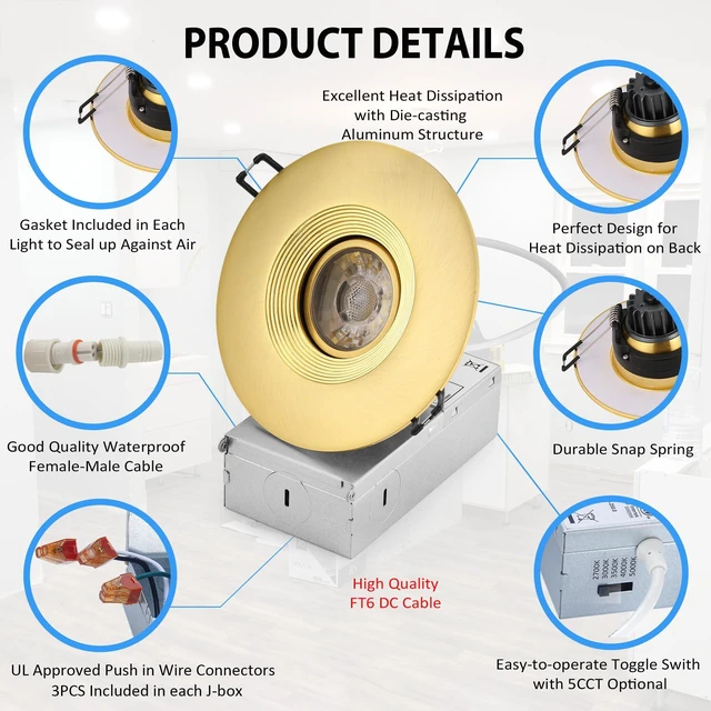 Alt view image 4 of 6 - 4 Inch Gimbal LED Recessed Lights 6 Pack, Adjustable Downlight, Gold Baffle,Anti-dazzle,8W 851LM,Premium Canless Spotlight,5CCT 2700K-5000K,5-100% Dimmable,30°Tilt,Die-cast Aluminum,ETL,IC Rated