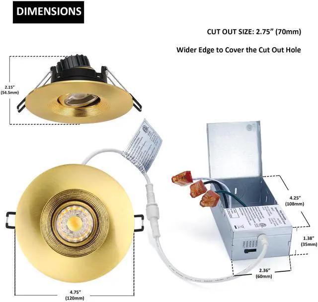 Alt view image 5 of 6 - 4 Inch Gimbal LED Recessed Lights 6 Pack, Adjustable Downlight, Gold Baffle,Anti-dazzle,8W 851LM,Premium Canless Spotlight,5CCT 2700K-5000K,5-100% Dimmable,30°Tilt,Die-cast Aluminum,ETL,IC Rated