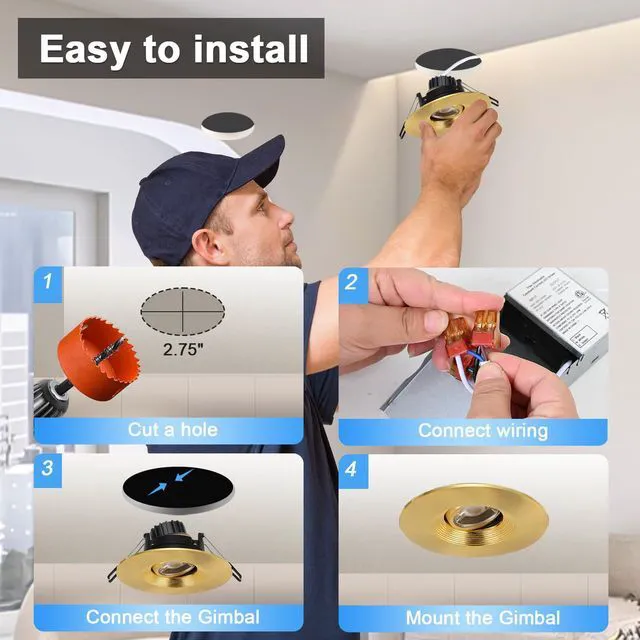 Alt view image 6 of 6 - 4 Inch Gimbal LED Recessed Lights 6 Pack, Adjustable Downlight, Gold Baffle,Anti-dazzle,8W 851LM,Premium Canless Spotlight,5CCT 2700K-5000K,5-100% Dimmable,30°Tilt,Die-cast Aluminum,ETL,IC Rated