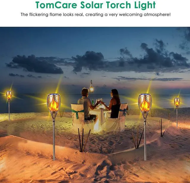 Alt view image 5 of 7 - Flickering Flame Solar Torch Lights Outdoor, 43" Tall, 4 Pack Realistic 99-LED Flame Effect, Charges in 6-8 Hours, 10-12-Hour Runtime, IP65 Waterproof, Auto On/Off for Yard, Patio, Garden