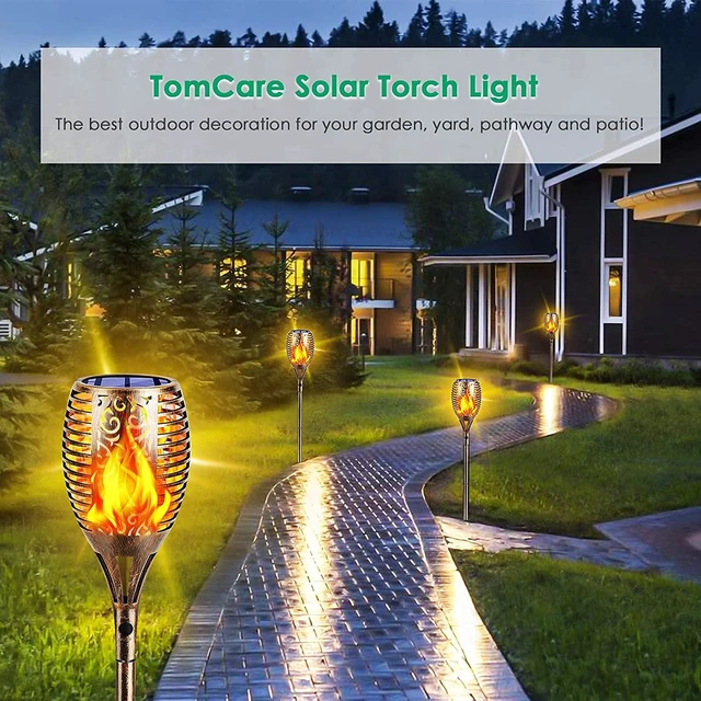 Alt view image 6 of 7 - Flickering Flame Solar Torch Lights Outdoor, 43" Tall, 4 Pack Realistic 99-LED Flame Effect, Charges in 6-8 Hours, 10-12-Hour Runtime, IP65 Waterproof, Auto On/Off for Yard, Patio, Garden