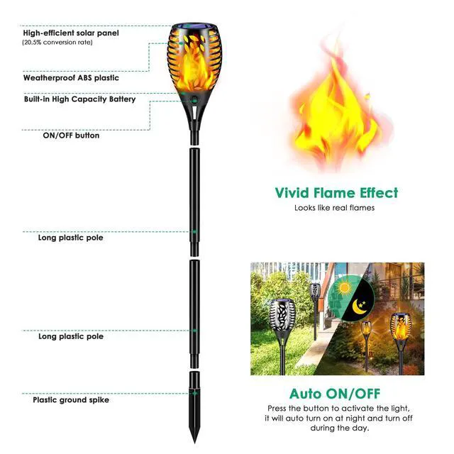 Alt view image 3 of 7 - 8 Pack Solar Lights Outdoor Flickering Flame Solar Torch Lights Realistic Flame Effect, Charges in 6-8 Hours, 10-12-Hour Runtime, IP65 Waterproof, Auto On/Off for Yard, Patio and Garden