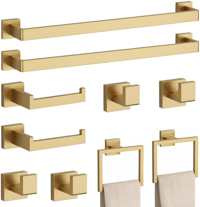Main image of 10-Piece Brushed Gold Bathroom Accessories Set 23.6 Inch Towel Bar Set. SUS 304 Stainless Steel Bathroom Hardware Set Towel Racks for Bathroom, Robe Towel Hooks, Toilet Paper Holder Wall Mounted