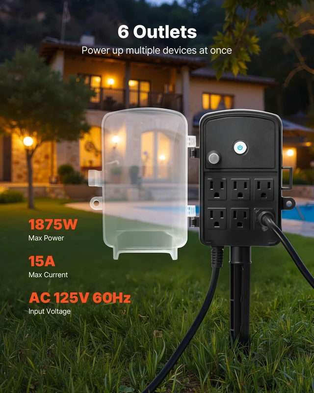 Alt view image 2 of 7 - Outdoor Power Stake Waterproof, 50 FT Extension Cord, Outdoor Power Strip, Weatherproof with Cover and Overload Protection, 6 Outlets, 15A/1875W for Halloween/Christmas Lights Decorations