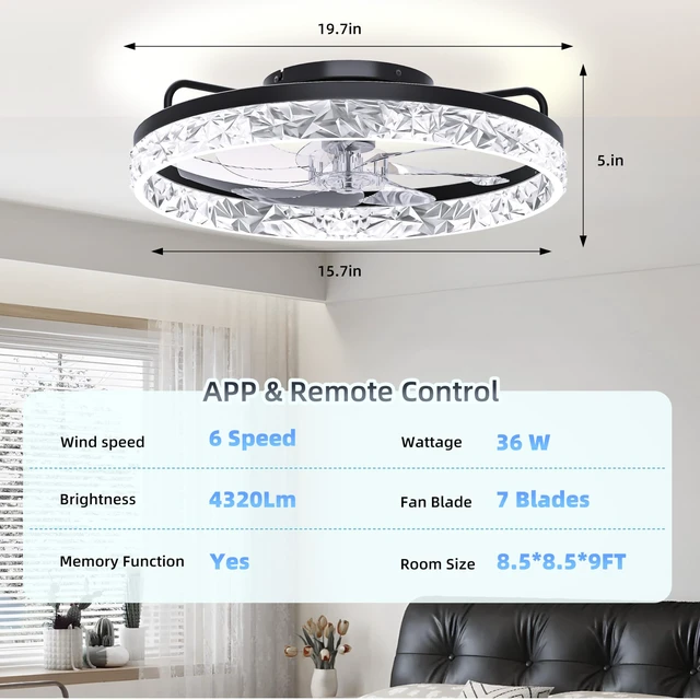 Alt view image 2 of 7 - 20'' Low Profile Ceiling Fan with Light and Remote, Diamond Black Flush Mount 7-Blade Fandelier with App Control, 3CCT Dimmable, Reversible DC Motor, 6 Speeds Ceiling Fan for Bedroom