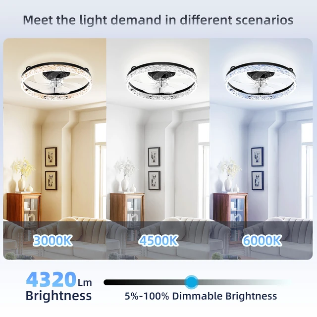 Alt view image 3 of 7 - 20'' Low Profile Ceiling Fan with Light and Remote, Diamond Black Flush Mount 7-Blade Fandelier with App Control, 3CCT Dimmable, Reversible DC Motor, 6 Speeds Ceiling Fan for Bedroom