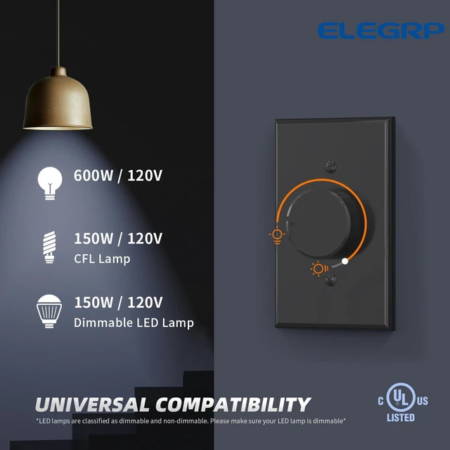 Alt view image 2 of 7 - Rotating Dimmer Switch for Dimmable LED, CFL and Incandescent Light Lamp Bulbs, Single Pole or 3-Way Rotary Dimmer Switch, Wall Plate Included, UL Listed (10 Pack, Matte Black)