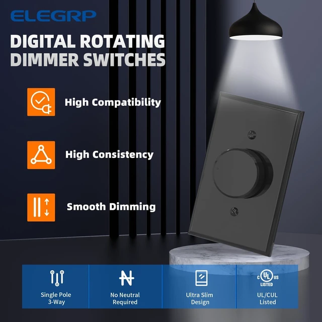 Alt view image 4 of 7 - Rotating Dimmer Switch for Dimmable LED, CFL and Incandescent Light Lamp Bulbs, Single Pole or 3-Way Rotary Dimmer Switch, Wall Plate Included, UL Listed (10 Pack, Matte Black)