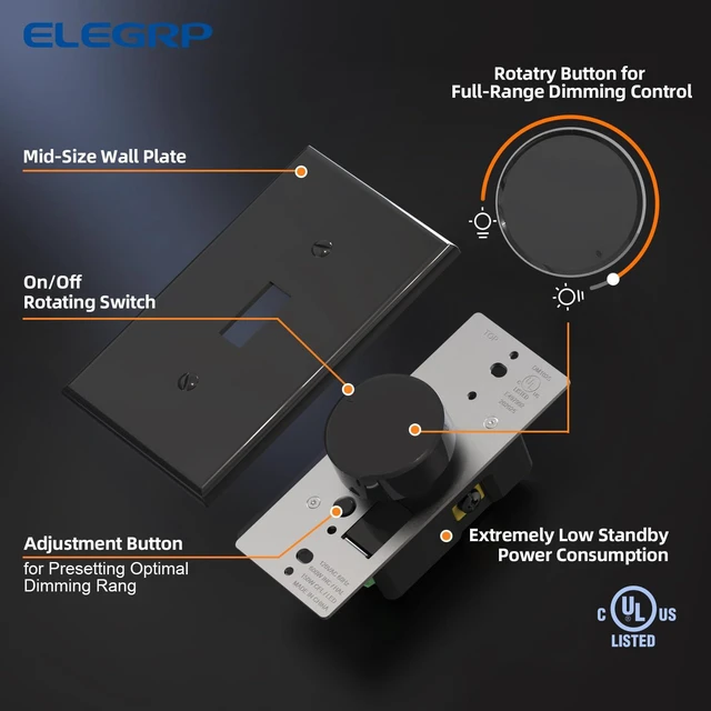 Alt view image 3 of 7 - Rotating Dimmer Switch for Dimmable LED, CFL and Incandescent Light Lamp Bulbs, Single Pole or 3-Way Rotary Dimmer Switch, Wall Plate Included, UL Listed (10 Pack, Matte Black)