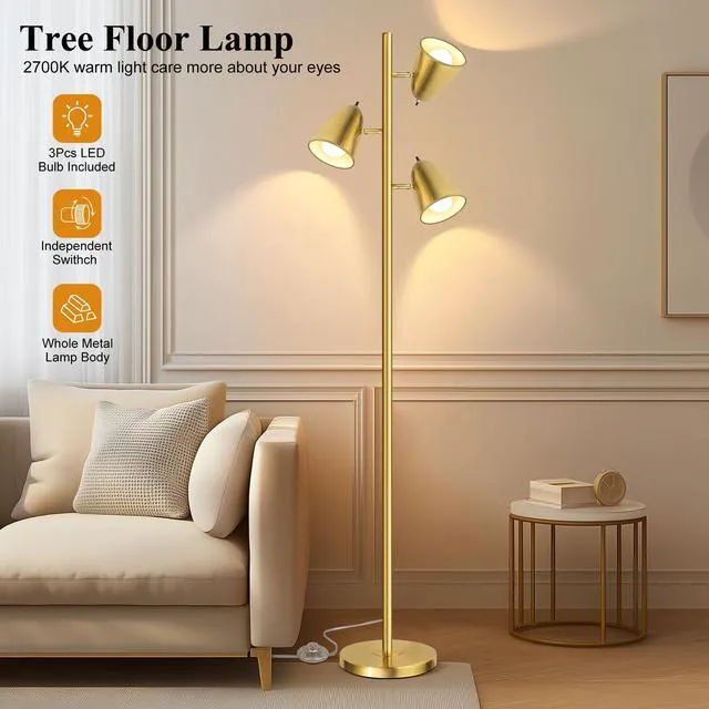 Alt view image 2 of 7 - Tree Floor Lamp with 3 Light Bulbs, Standing Tall Pole Lamps for Living Room Bedroom Office, Reading Stand up Lamps with 3 Adjustable Arms, Brushed Gold