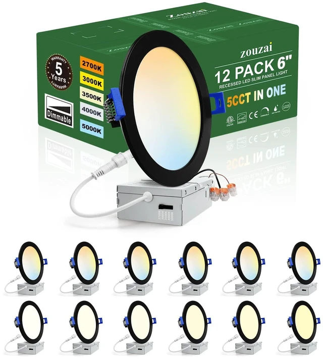 Main image of 12 Pack 6 Inch LED Recessed Ceiling Light, 12W=110W, 5CCT, Dimmable 1080LM 120V, 2700K-5000K Selectable, Can Light, with Junction Box, Commercial & Home Use, Black, Damp & IC Rated, ETL Listed