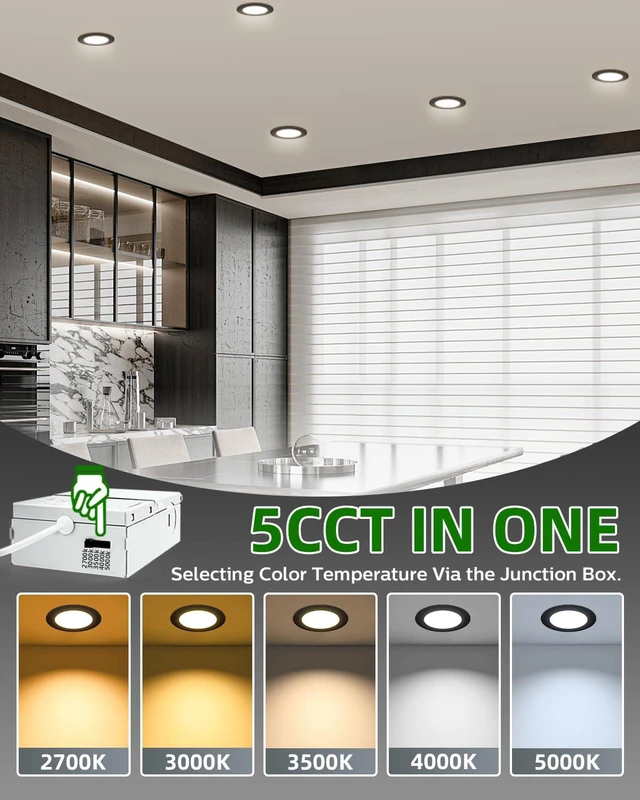 Alt view image 2 of 7 - 12 Pack 6 Inch LED Recessed Ceiling Light, 12W=110W, 5CCT, Dimmable 1080LM 120V, 2700K-5000K Selectable, Can Light, with Junction Box, Commercial & Home Use, Black, Damp & IC Rated, ETL Listed