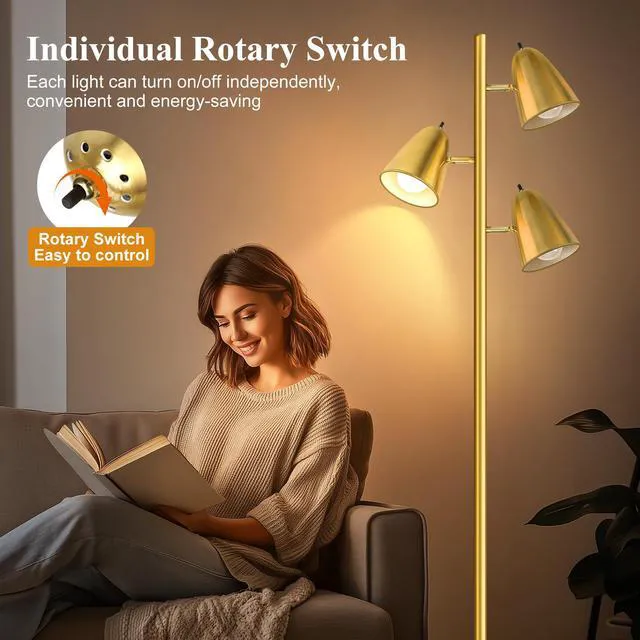 Alt view image 5 of 7 - Tree Floor Lamp with 3 Light Bulbs, Standing Tall Pole Lamps for Living Room Bedroom Office, Reading Stand up Lamps with 3 Adjustable Arms, Brushed Gold