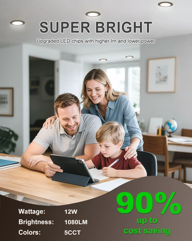 Alt view image 3 of 7 - 12 Pack 6 Inch LED Recessed Ceiling Light, 12W=110W, 5CCT, Dimmable 1080LM 120V, 2700K-5000K Selectable, Can Light, with Junction Box, Commercial & Home Use, Black, Damp & IC Rated, ETL Listed