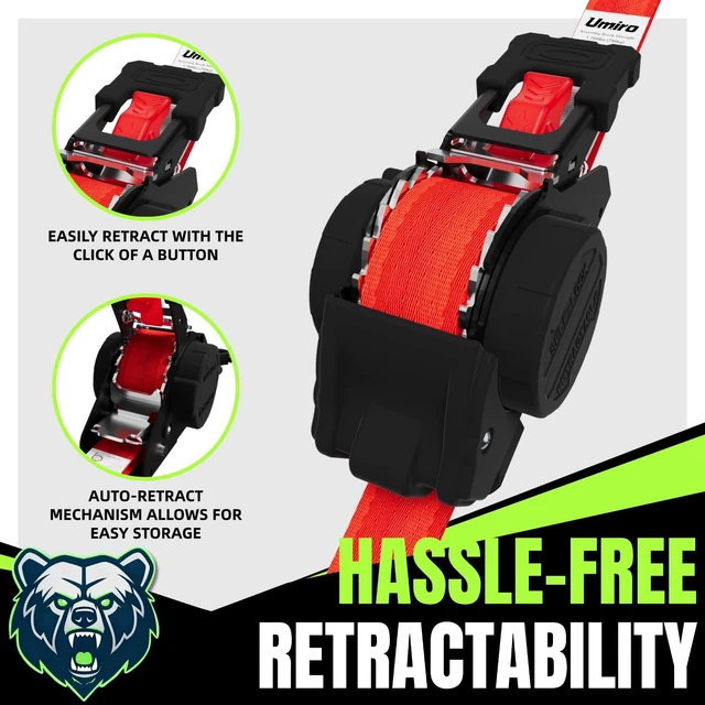 Alt view image 6 of 7 - Retractable Ratchet Straps, 4-Pack, 1 Inch x 12 Feet Heavy Duty Tie Downs, 1760lb Break Strength, Self Retracting for Truck, Cargo, Trailer, Motorcycle, ATV, UTV (Red, 4pack)