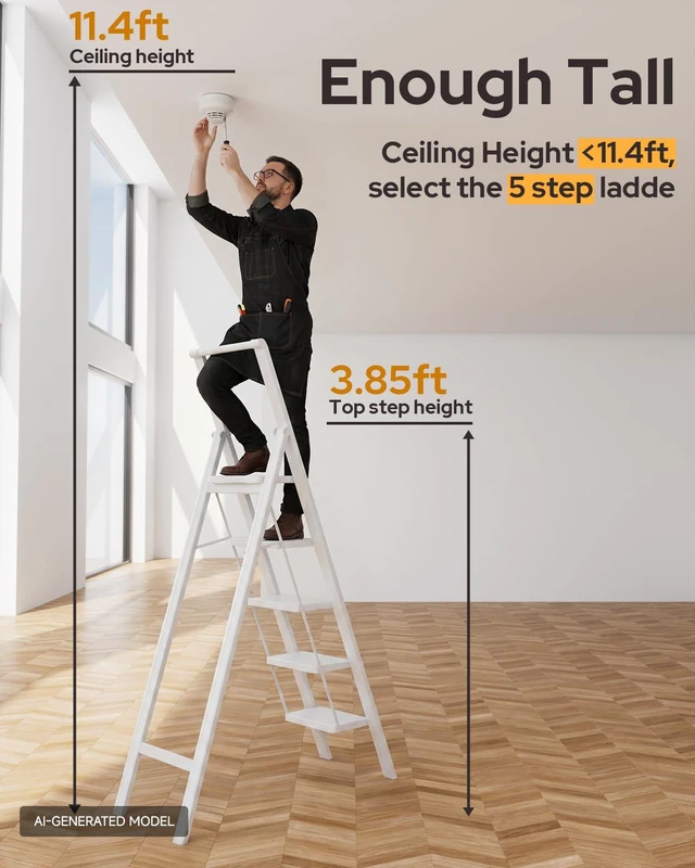 Alt view image 2 of 7 - 5 Step Ladder, Foldable 5 Step Stool, White Reach 10ft; Stepladder with Handgrip, Anti-Slip 7.9'' Pedals, Lightweight Tall Ladder for Home,Kitchen,Closet,300 lb Capacity