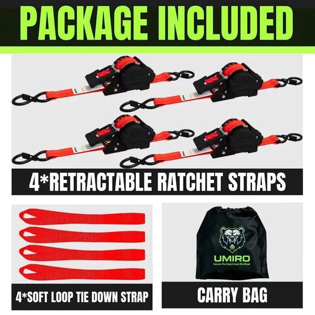 Alt view image 7 of 7 - Retractable Ratchet Straps, 4-Pack, 1 Inch x 12 Feet Heavy Duty Tie Downs, 1760lb Break Strength, Self Retracting for Truck, Cargo, Trailer, Motorcycle, ATV, UTV (Red, 4pack)