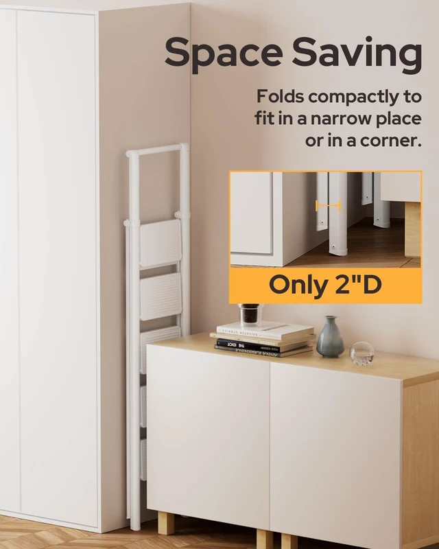 Alt view image 3 of 7 - 5 Step Ladder, Foldable 5 Step Stool, White Reach 10ft; Stepladder with Handgrip, Anti-Slip 7.9'' Pedals, Lightweight Tall Ladder for Home,Kitchen,Closet,300 lb Capacity
