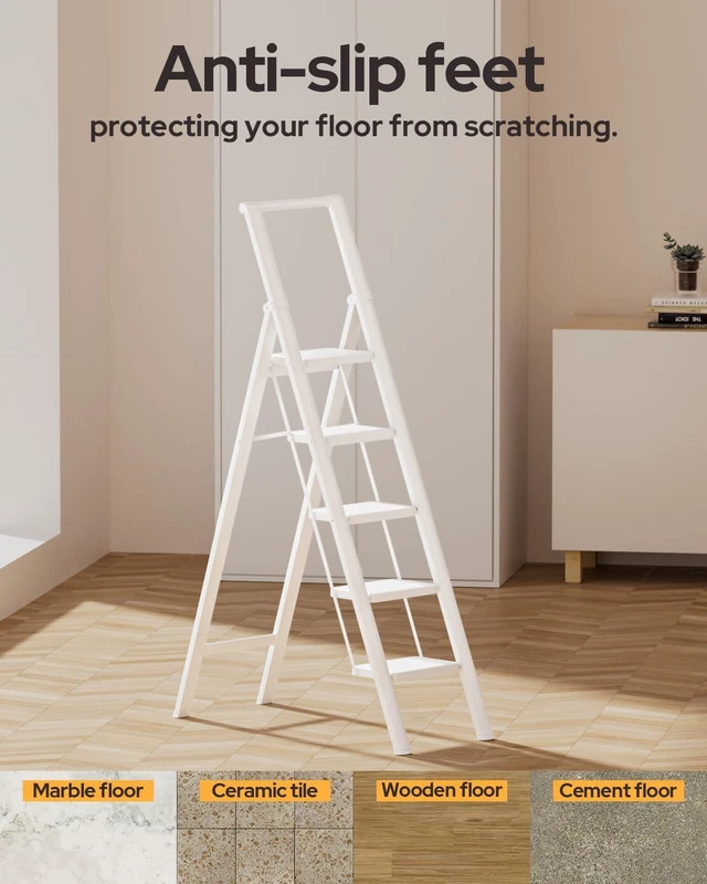 Alt view image 6 of 7 - 5 Step Ladder, Foldable 5 Step Stool, White Reach 10ft; Stepladder with Handgrip, Anti-Slip 7.9'' Pedals, Lightweight Tall Ladder for Home,Kitchen,Closet,300 lb Capacity