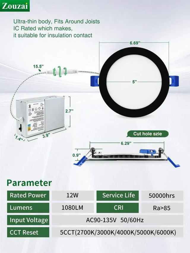 Alt view image 5 of 7 - 12 Pack 6 Inch LED Recessed Ceiling Light, 12W=110W, 5CCT, Dimmable 1080LM 120V, 2700K-5000K Selectable, Can Light, with Junction Box, Commercial & Home Use, Black, Damp & IC Rated, ETL Listed