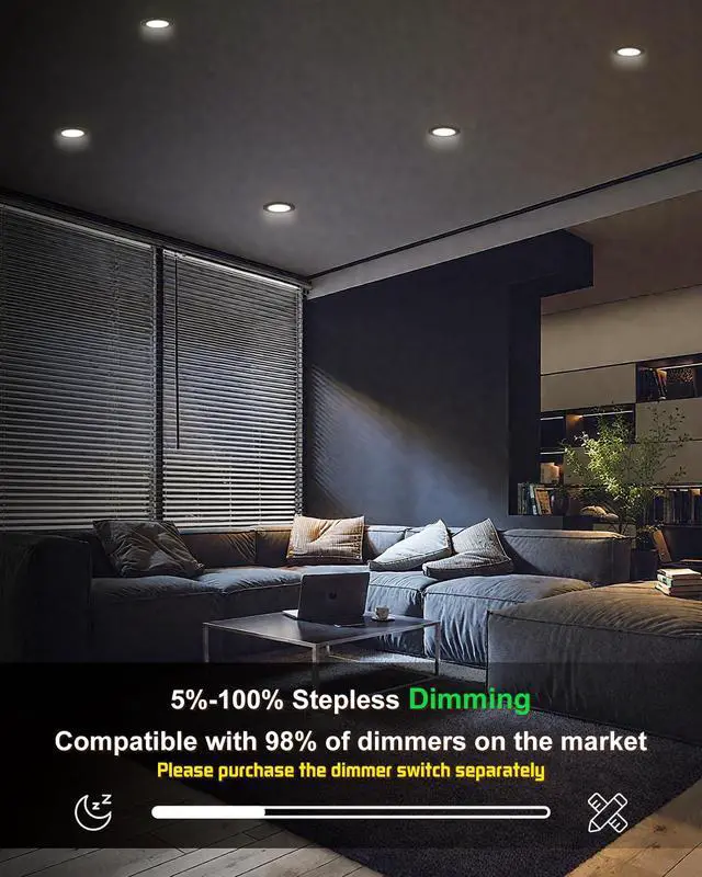 Alt view image 4 of 7 - 12 Pack 6 Inch LED Recessed Ceiling Light, 12W=110W, 5CCT, Dimmable 1080LM 120V, 2700K-5000K Selectable, Can Light, with Junction Box, Commercial & Home Use, Black, Damp & IC Rated, ETL Listed