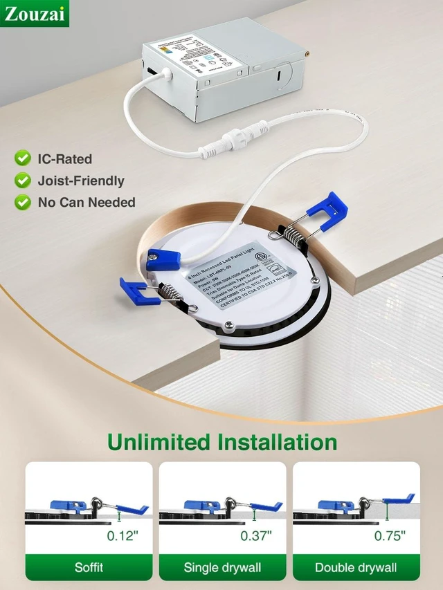 Alt view image 7 of 7 - 12 Pack 6 Inch LED Recessed Ceiling Light, 12W=110W, 5CCT, Dimmable 1080LM 120V, 2700K-5000K Selectable, Can Light, with Junction Box, Commercial & Home Use, Black, Damp & IC Rated, ETL Listed