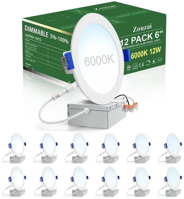Main image of 12 Pack 6" LED Recessed Ceiling Lights, 12W=110W, 6000K, Dimmable 1080LM 120V, Ultra-Thin Can Light, with Junction Box, Commercial & Home Use, White, Damp & IC Rated, ETL Listed