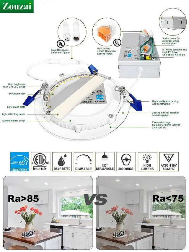 Alt view image 5 of 7 - 12 Pack 6" LED Recessed Ceiling Lights, 12W=110W, 6000K, Dimmable 1080LM 120V, Ultra-Thin Can Light, with Junction Box, Commercial & Home Use, White, Damp & IC Rated, ETL Listed