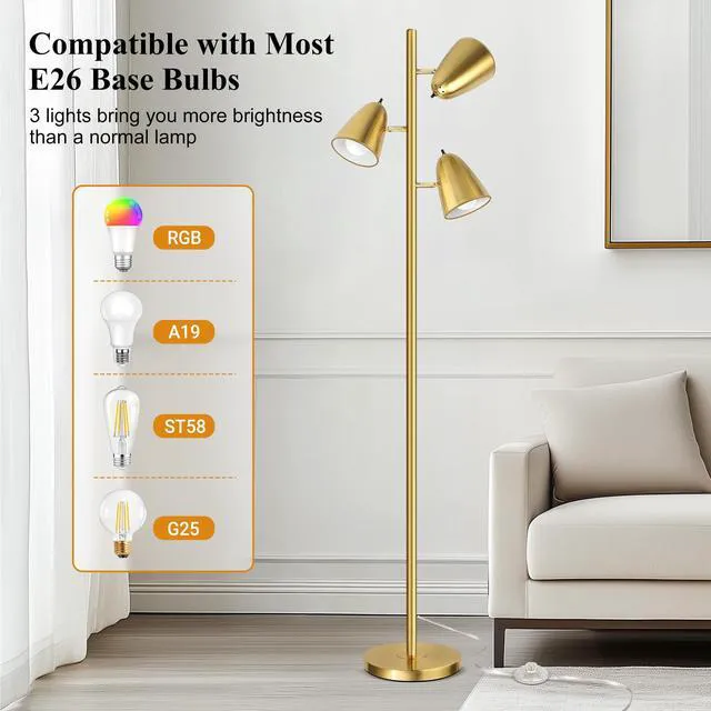 Alt view image 7 of 7 - Tree Floor Lamp with 3 Light Bulbs, Standing Tall Pole Lamps for Living Room Bedroom Office, Reading Stand up Lamps with 3 Adjustable Arms, Brushed Gold