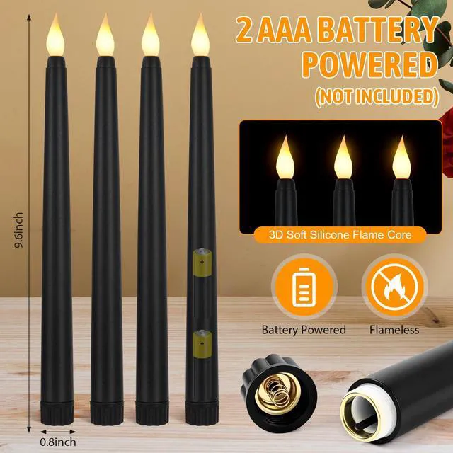 Alt view image 2 of 7 - 100 Pcs 9.7 Inch Black LED Flameless Taper Candles Bulk Battery Operated Taper Candles, Artificial Flickering Candlesticks, for Wedding Church Halloween Holiday Table Decoration