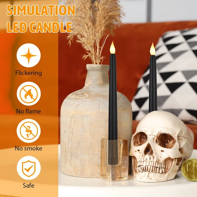 Alt view image 4 of 7 - 100 Pcs 9.7 Inch Black LED Flameless Taper Candles Bulk Battery Operated Taper Candles, Artificial Flickering Candlesticks, for Wedding Church Halloween Holiday Table Decoration