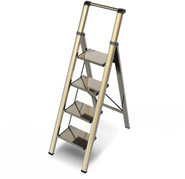 Main image of 4 Step Ladder, Foldable 4 Step Stool, Gold Reach 8ft; Stepladder with Handgrip, Anti-Slip 7.9'' Pedals, Lightweight Tall Ladder for Home,Kitchen,Closet,300 lb Capacity