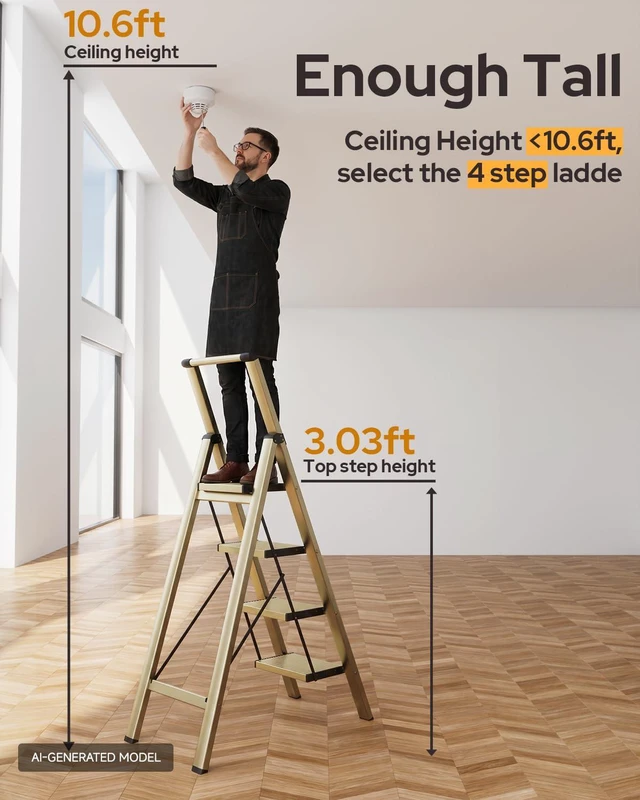 Alt view image 2 of 6 - 4 Step Ladder, Foldable 4 Step Stool, Gold Reach 8ft; Stepladder with Handgrip, Anti-Slip 7.9'' Pedals, Lightweight Tall Ladder for Home,Kitchen,Closet,300 lb Capacity