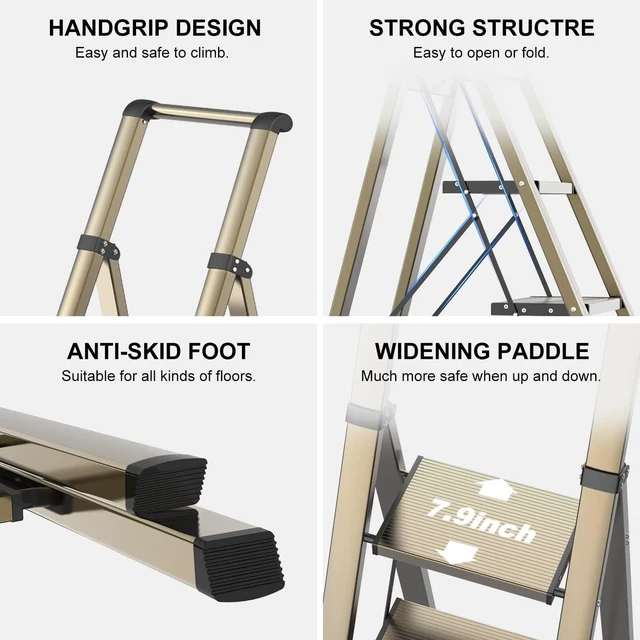 Alt view image 5 of 6 - 4 Step Ladder, Foldable 4 Step Stool, Gold Reach 8ft; Stepladder with Handgrip, Anti-Slip 7.9'' Pedals, Lightweight Tall Ladder for Home,Kitchen,Closet,300 lb Capacity