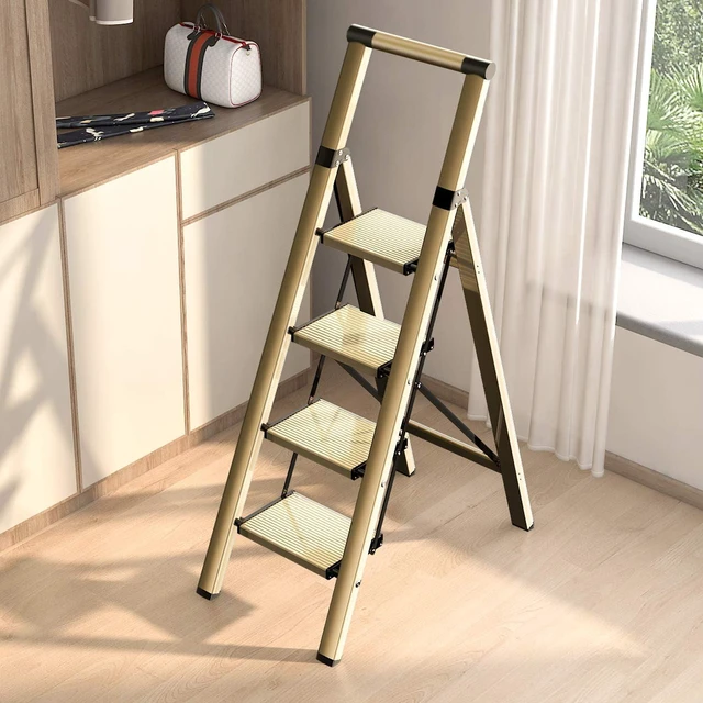 Alt view image 6 of 6 - 4 Step Ladder, Foldable 4 Step Stool, Gold Reach 8ft; Stepladder with Handgrip, Anti-Slip 7.9'' Pedals, Lightweight Tall Ladder for Home,Kitchen,Closet,300 lb Capacity