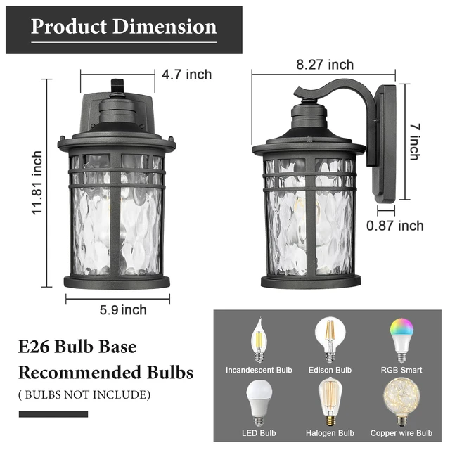 Alt view image 3 of 7 - Outdoor Porch Lights Wall Mount, Outside Light Fixtures Sconces Wall Lighting with Water Ripple Glass Waterproof Exterior Lights for Patio Yard House Hallway Doorway Garage