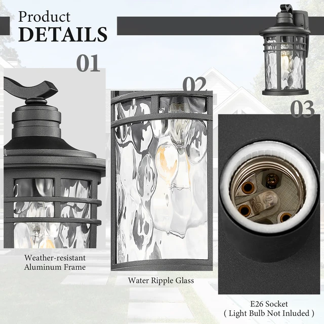 Alt view image 5 of 7 - Outdoor Porch Lights Wall Mount, Outside Light Fixtures Sconces Wall Lighting with Water Ripple Glass Waterproof Exterior Lights for Patio Yard House Hallway Doorway Garage