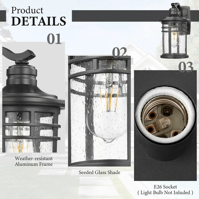 Alt view image 3 of 7 - Outdoor Porch Lights Wall Mount, Outdoor Light Fixtures Sconces Wall Lighting with Seeded Glass Waterproof Exterior Lights for Patio Yard House Hallway Doorway Garage(2 Pack, Black)