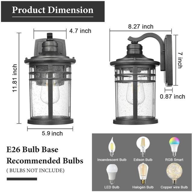 Alt view image 5 of 7 - Outdoor Porch Lights Wall Mount, Outdoor Light Fixtures Sconces Wall Lighting with Seeded Glass Waterproof Exterior Lights for Patio Yard House Hallway Doorway Garage(2 Pack, Black)