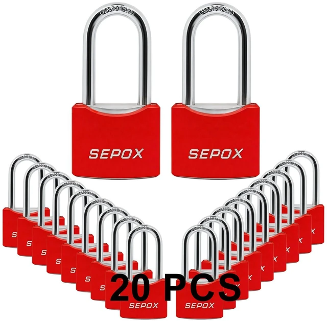 Main image of ® 20-Pack 1-5/8 Long Shackle Heavy Duty Padlock 1-9/16 Keyed Alike Red For Gate Shed Fence Toolbox Heavy Duty Padlock. Black Coated. All-Weather Waterproof Rustproof. Long Shackle padlock 20 keys