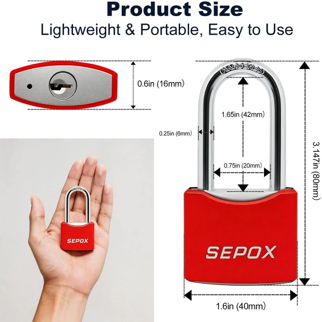 Alt view image 2 of 7 - ® 20-Pack 1-5/8 Long Shackle Heavy Duty Padlock 1-9/16 Keyed Alike Red For Gate Shed Fence Toolbox Heavy Duty Padlock. Black Coated. All-Weather Waterproof Rustproof. Long Shackle padlock 20 keys