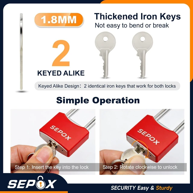 Alt view image 3 of 7 - ® 20-Pack 1-5/8 Long Shackle Heavy Duty Padlock 1-9/16 Keyed Alike Red For Gate Shed Fence Toolbox Heavy Duty Padlock. Black Coated. All-Weather Waterproof Rustproof. Long Shackle padlock 20 keys