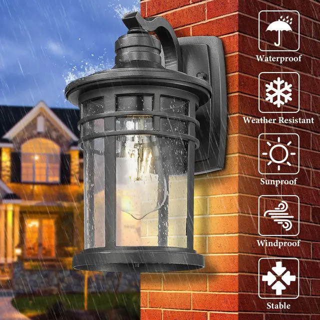 Alt view image 6 of 7 - Outdoor Porch Lights Wall Mount, Outdoor Light Fixtures Sconces Wall Lighting with Seeded Glass Waterproof Exterior Lights for Patio Yard House Hallway Doorway Garage(2 Pack, Black)